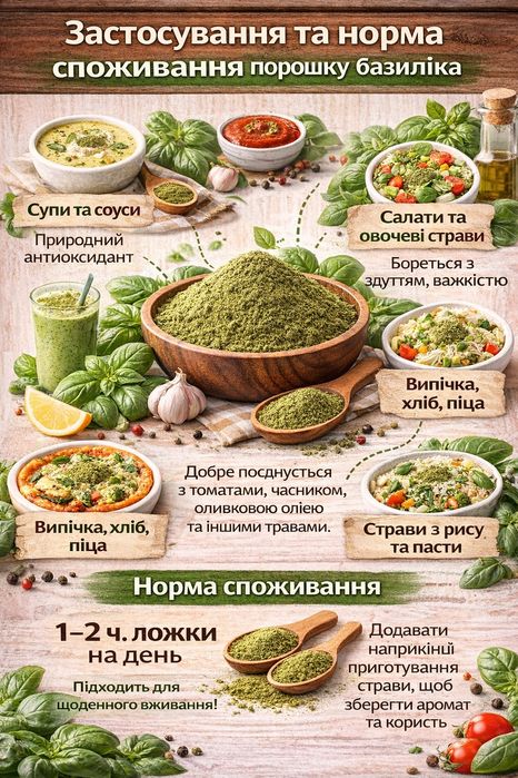 Порошок базиліка, 100%натуральний, для страв, чаю та здоров’я