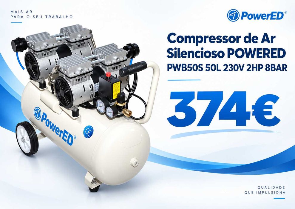 Compressor de Ar Silencioso POWERED PWB50S, com depósito de 50 litros, potência de 2 HP e alimentação a 230V LL29