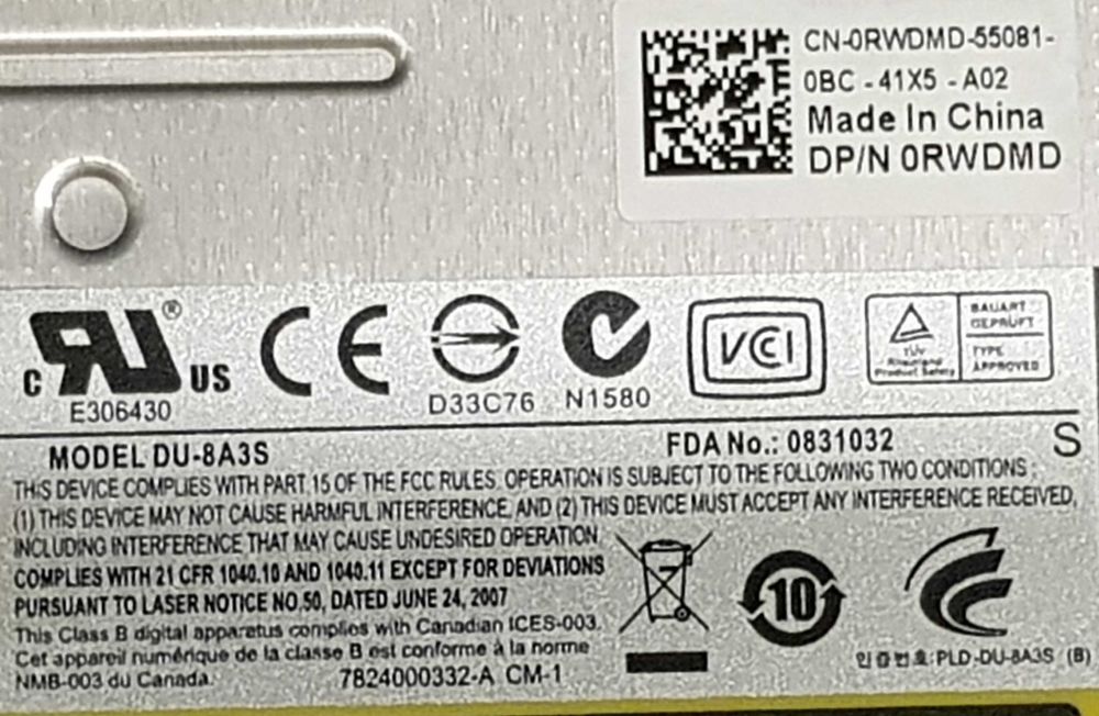 Drive DVD±RW Dell para series E Latitude DU-8A3S (0RWDMD)