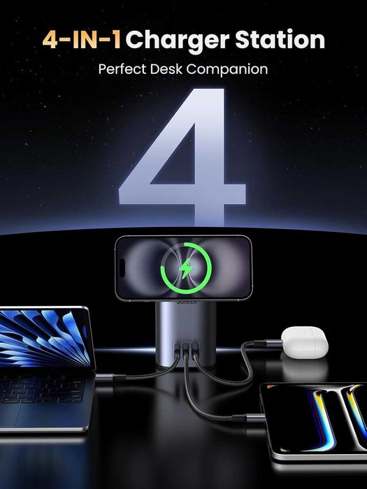 UGREEN Nexode - зарядна станція GaN потужністю 65 Вт, 3 порти з  Qi2