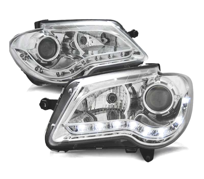 FARÓIS COM LUZ DIURNA LED VOLKSWAGEN VW TOURAN 06-10 FUNDO CROMADO