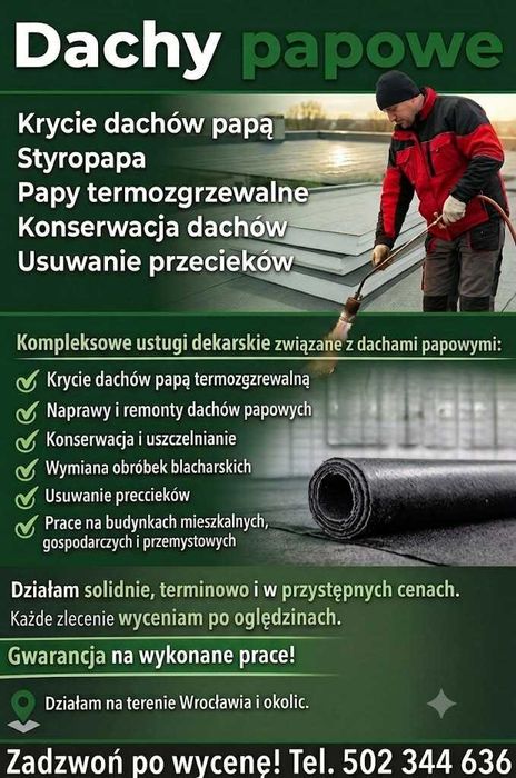 Usługi dekarskie dekarz dachy płaskie papowe papa styropapa ocieplanie izolacja dachów naprawa przecieków spadki dachowe odwodnienia dachów