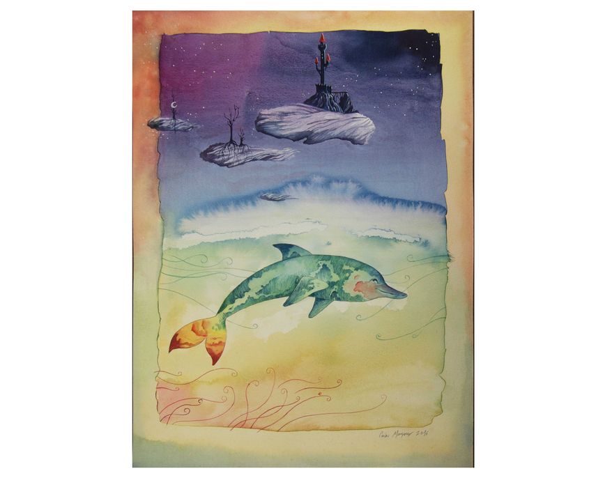 Aguarela original de Carlos Marques. Golfinho, Fantasia, surreal.