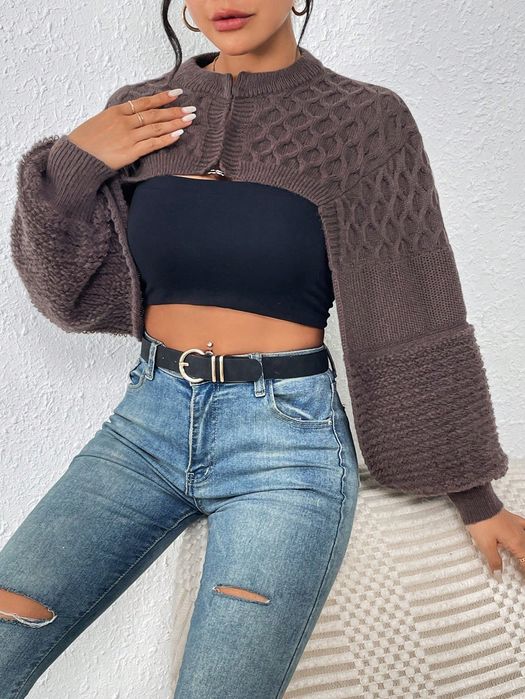 Kardigan Sweterek Krótki Z Bufiastymi Rękawami Brązowy Casual Shein S