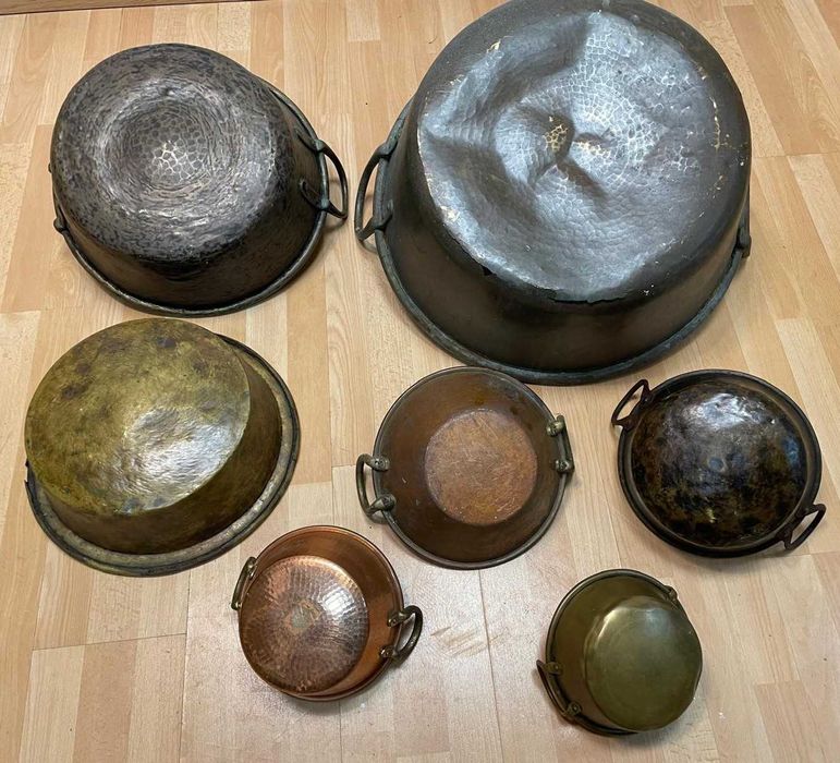 sete tachos em cobre antigo o maior está furado, preços individuais