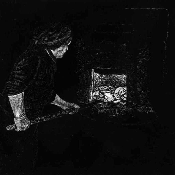 Desenho scratchboard mulher a pôr pão forno tradições de Portugal - I