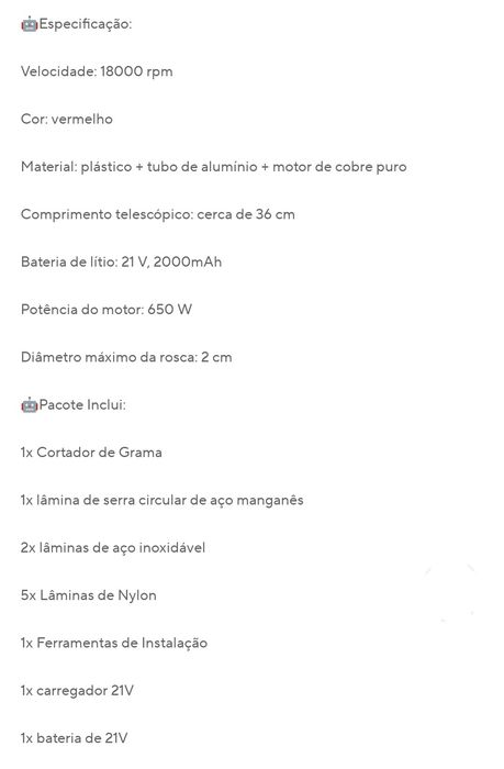 Aparador relva/ervas elétrica a bateria 21 V. Nova
