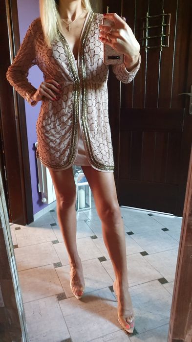 Asos sukienka zdobiona dwie warstwy beż czarna S M L