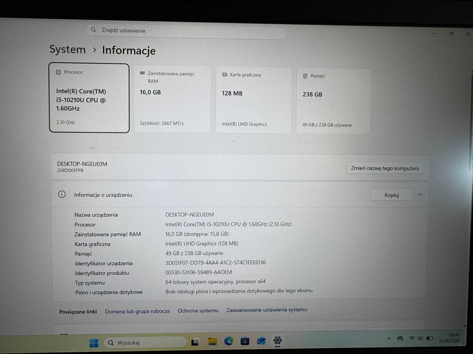 Lenovo ThinkPad E15 i5-10210U 16GB RAM SSD 256GB Windows 11 Pro