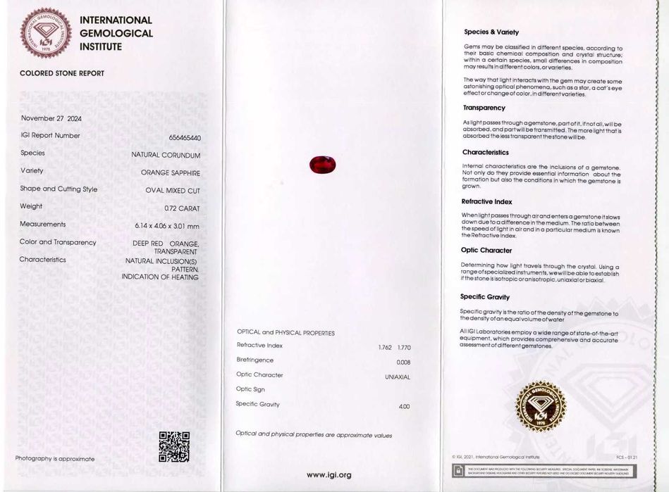Safira Vermelho 0.77 Kilates Pedra Preciosa Certificado pelo IGI