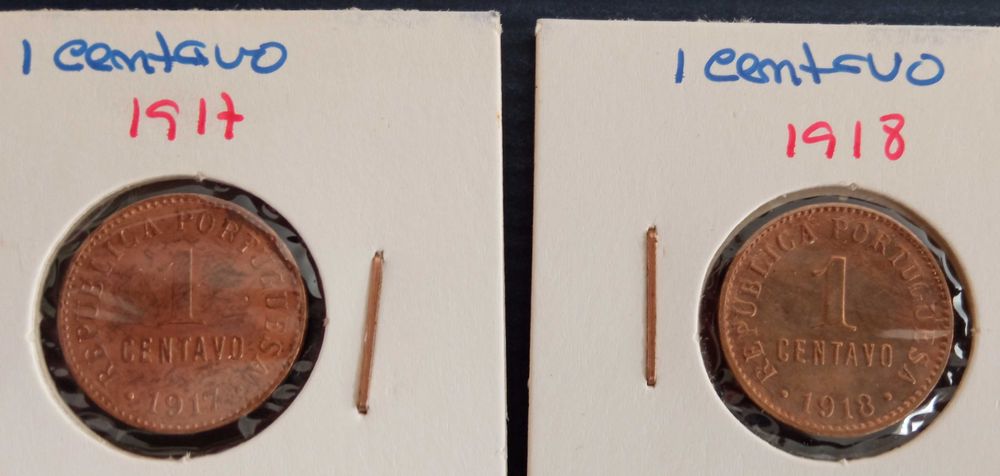 Moedas 1 centavo, 1917, 1918, 1920 (P fechado) 1920 ( P aberto)