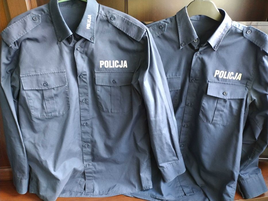 POLICJA komplet 2 sztuki  koszula służbowa z długim rękawem+naszywka prewencja+naszywka Policja niebieska