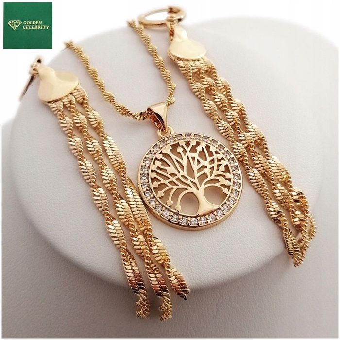 Damski Komplet Naszyjnik + Zawieszka Drzewko Cyrkonie+kolczyki 18k Dla