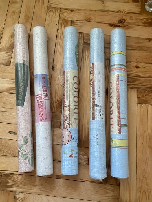 Шпалери, нові рулони блакитні, бежеві, квіти, мармур, дитячі