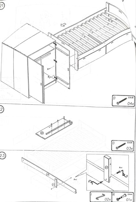 Beliche com duas camas,  roupeiro e gavetas. Inclui uma secretaria