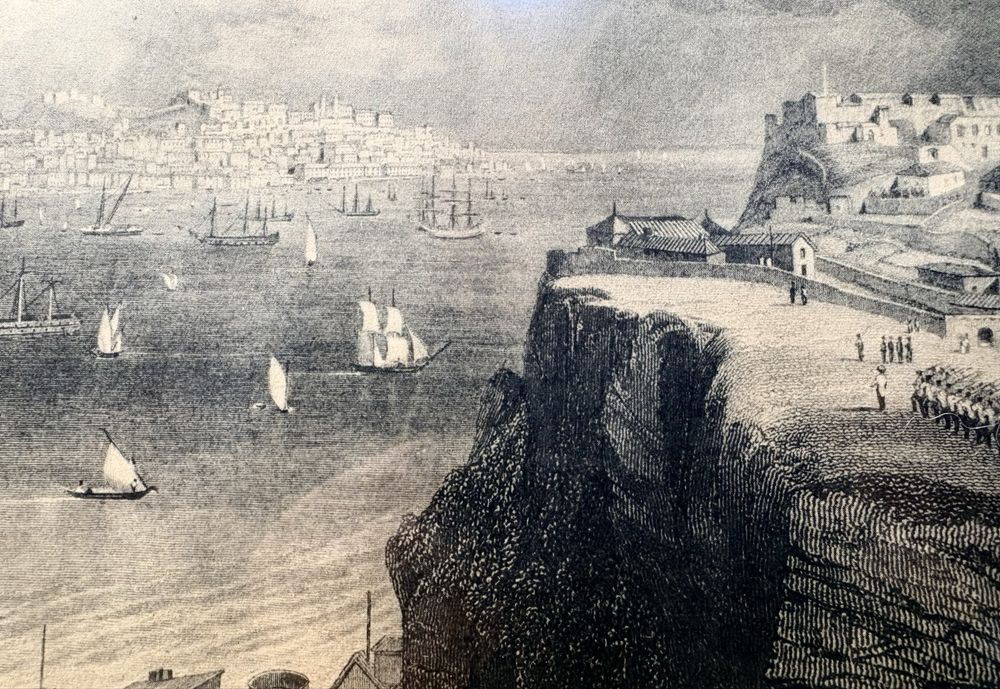 Antiga gravura: vista panorâmica de Lisboa à partir do Forte de Almada
