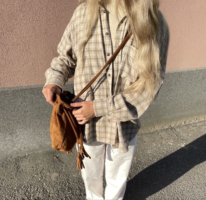 Сорочка бежева в клітинку, сорочка під вінтаж в клітинку