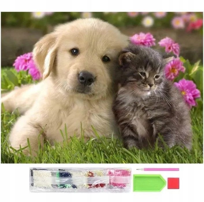 Haft diamentowy 5D 40x30cm mozaika pies kot koraliki obraz kotek