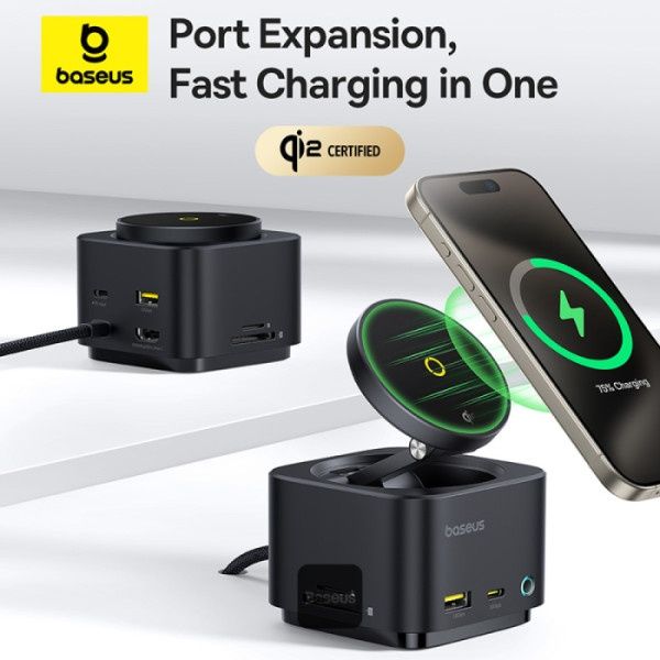 Baseus MagPro Series II 7-in-1 USB-C Hub + Qi2 15W бездротова зарядка