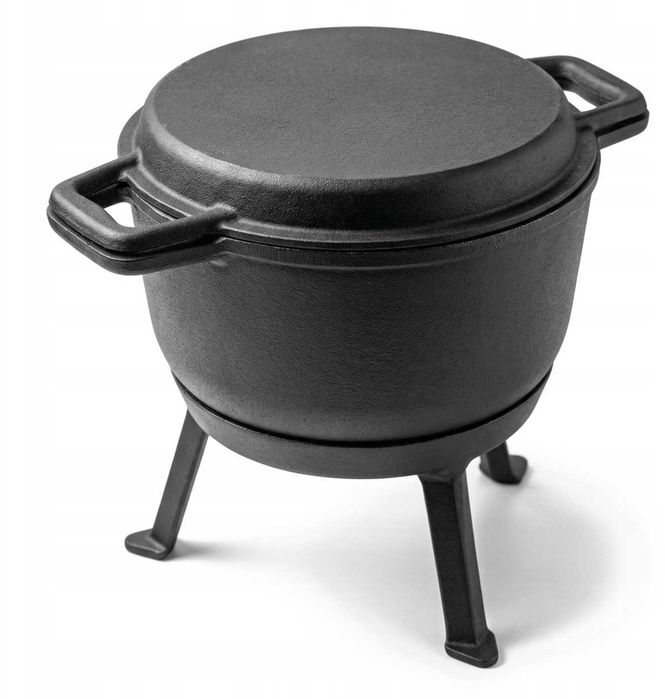 Kociołek Myśliwski Żeliwny Emaliowany 3w1 Garnek Patelnia Stojak 10l Grill
