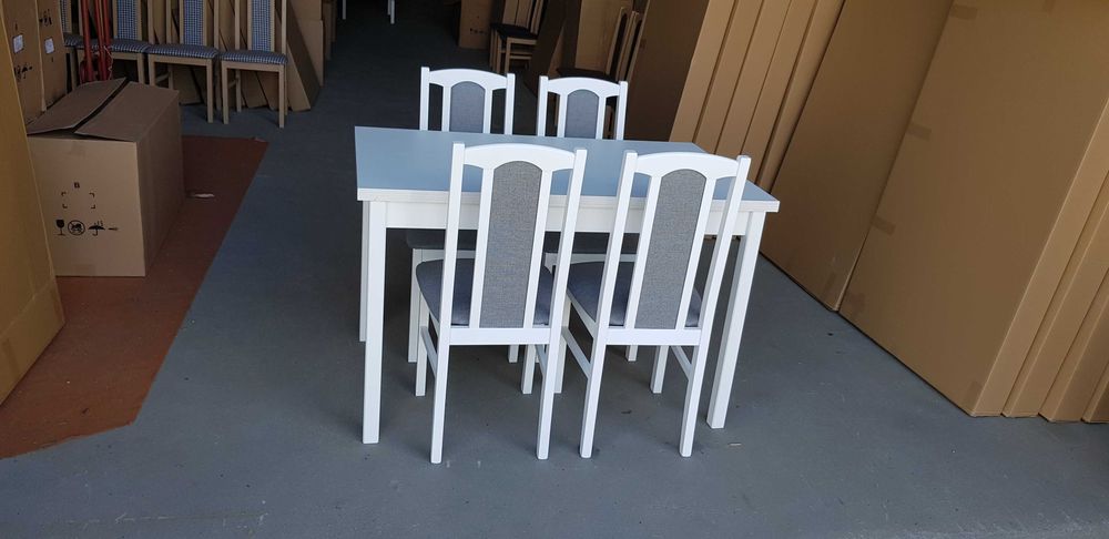 NOWE : STÓŁ + 4 KRZESŁA , BIAŁY + SZARY , transport cała Polska