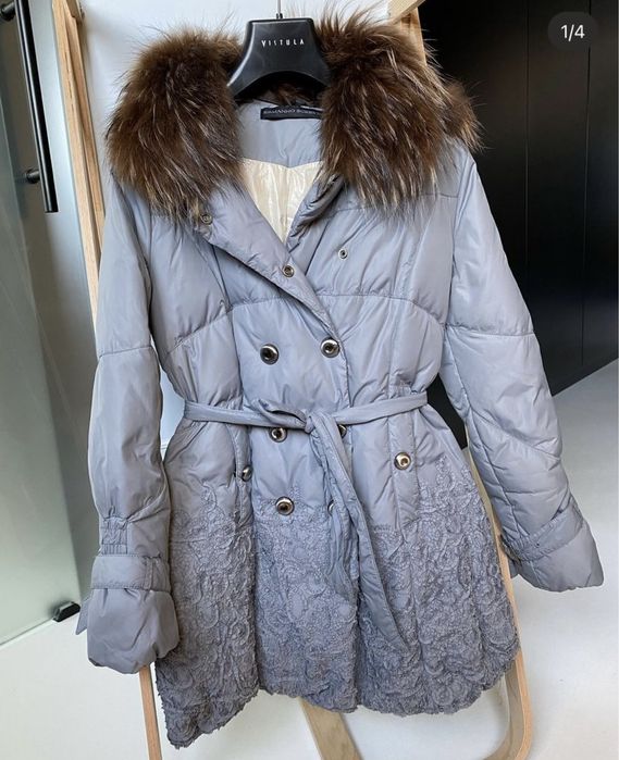 Ermanno Scervino płaszcz puchowy puch futro lis z paskiem XS 34 s 36