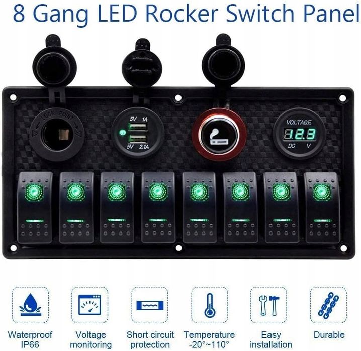 8-pozycyjny panel przełączników LED z podwójnym portem USB