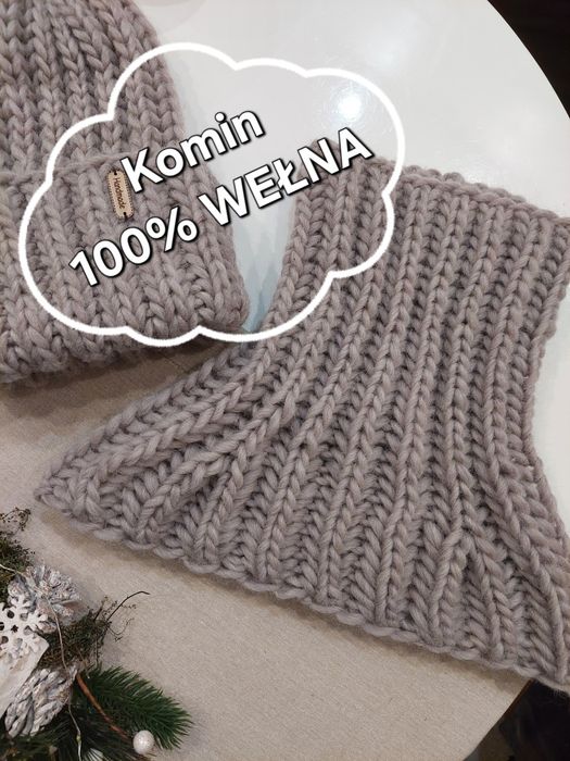 Komin golf na drutach handmade ręcznie robiony 100% wełna jasny beż