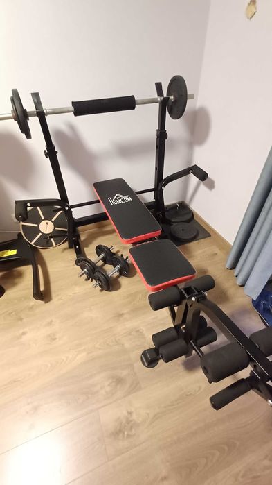 HOMCOM Banco Musculação com Suporte de Barras + Pesos + Halteres