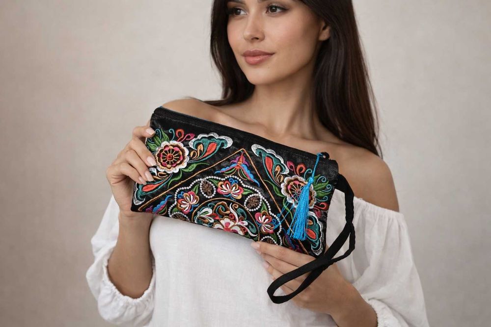 Torebka KOPERTÓWKA do ręki KOSMETYCZKA bogato haftowana Boho Folk