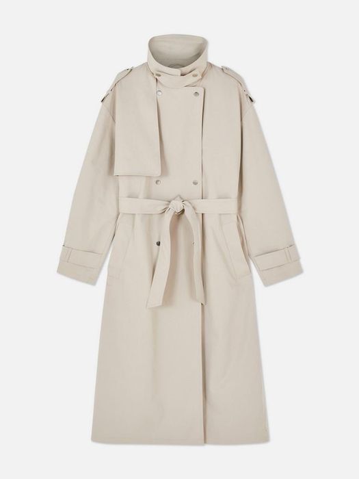 Długi prochowiec trencz z kołnierzem i paskiem do regulacji w talii L