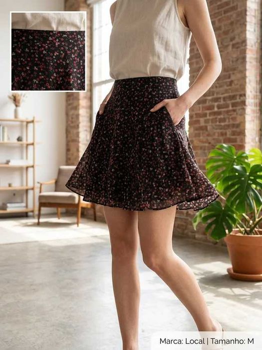 Mini Saia Floral de Cintura Alta Evasê / Rodada