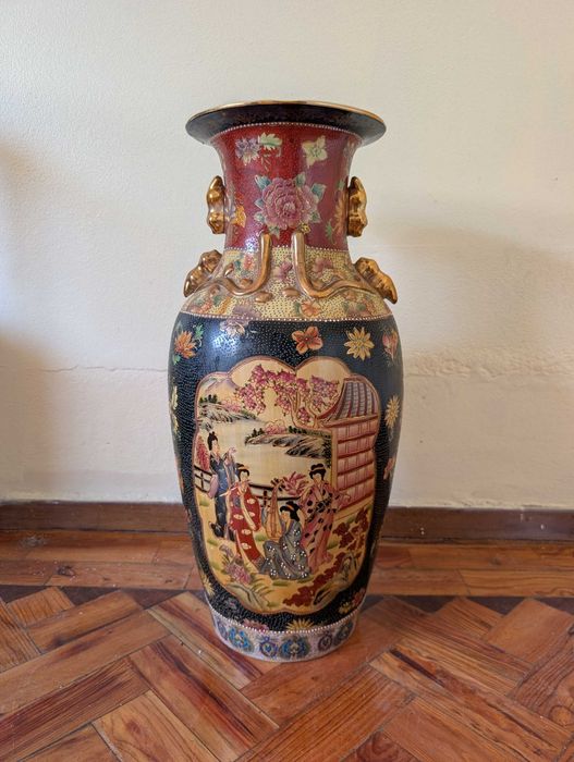 Jarrão decorativo estilo chinês – 63 cm – vermelho, preto e dourado
