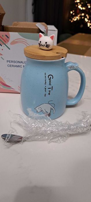 NOWY Kubek Ceramiczny z Kotkiem - kotek na kubku 420 ML niebiesmi
