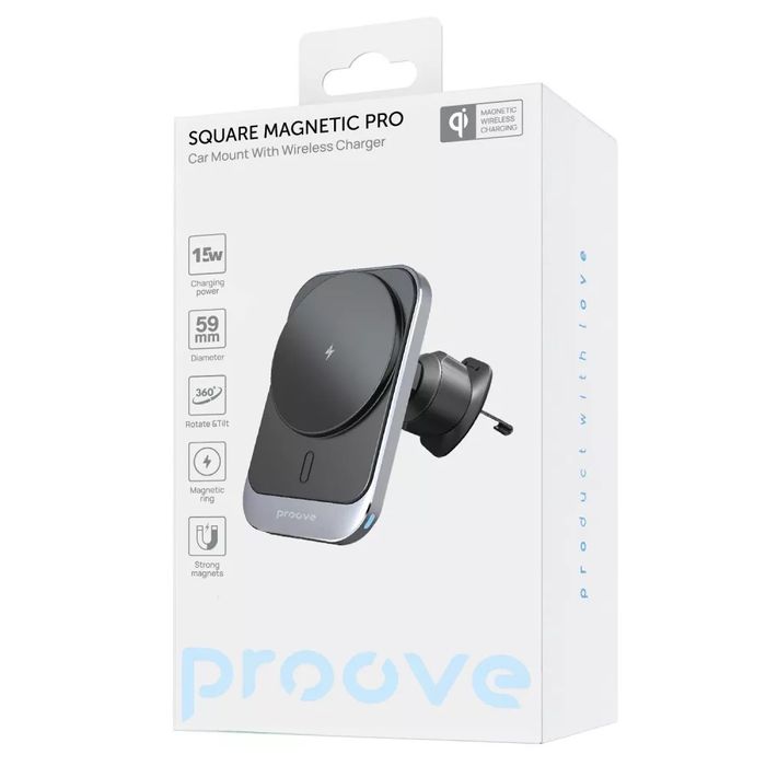 Автомобільний тримач з Бездротовим ЗП Proove Square Magnetic Pro 15W
