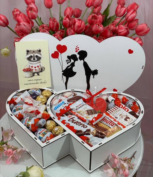 Ефектний солодкий подарунок на 8 Березня | Бокс подвійне серце
