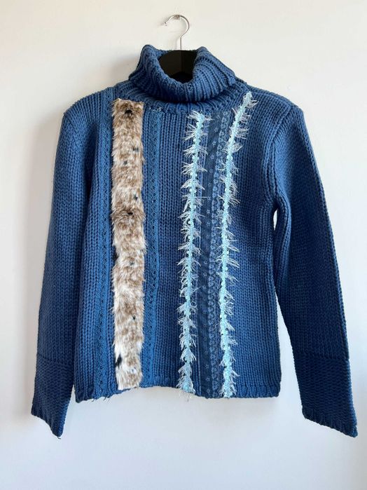 Nowy Success niebieski sweter golf damski gruby ciepły wełniany M L