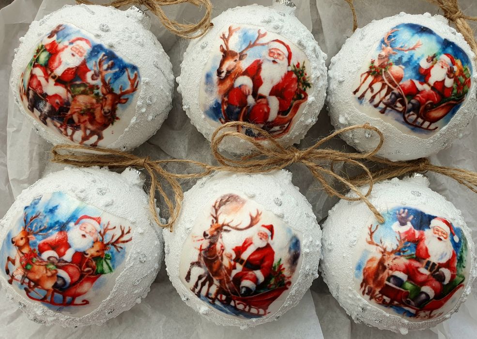 Bombki choinkowe śnieżki 80mm 8cm 6szt Mikołaj zima święta rękodzieło