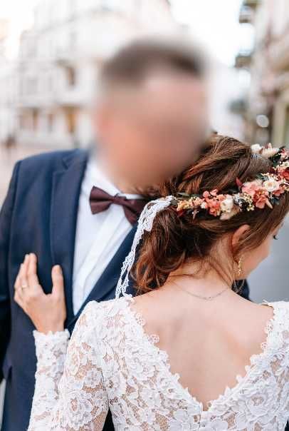 Suknia ślubna długi rękaw, koronka i tiul, rozmiar 36, 158-160 cm