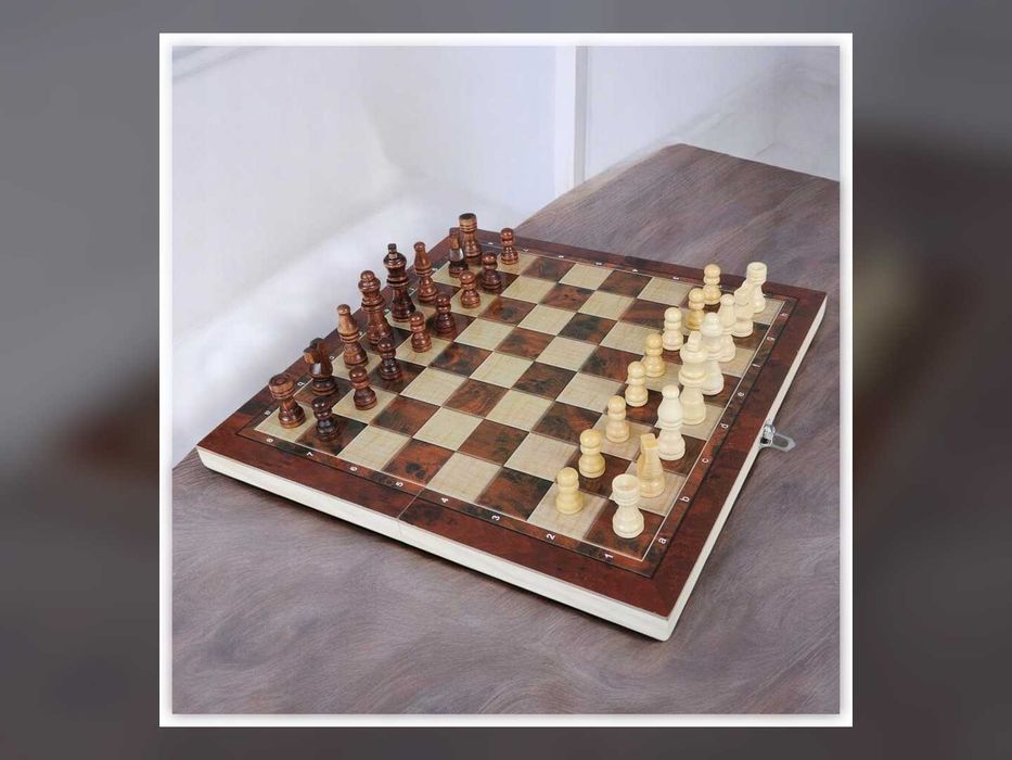 Nowe Szachy Drewniane 3w1 Warcaby Tryktrak Duża Plansza 34x34 Cm
