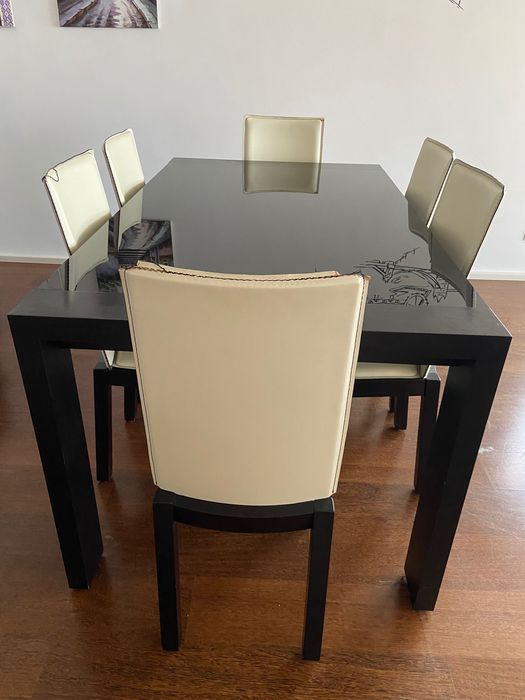 Mesa jantar extensivel Antarte + 6 cadeiras couro