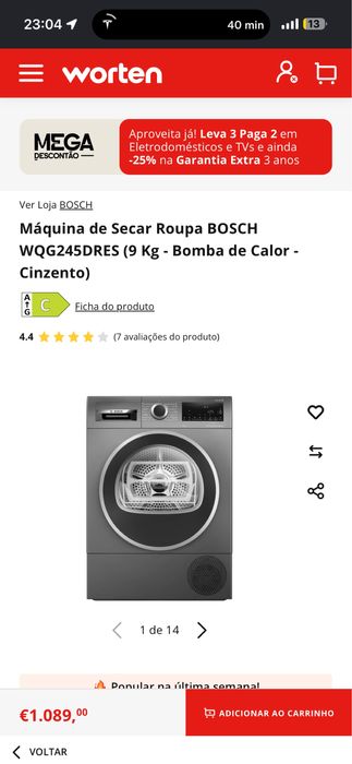 Máquina de Secar Roupa BOSCH WQG245DRES (9 Kg - Bomba de Calor