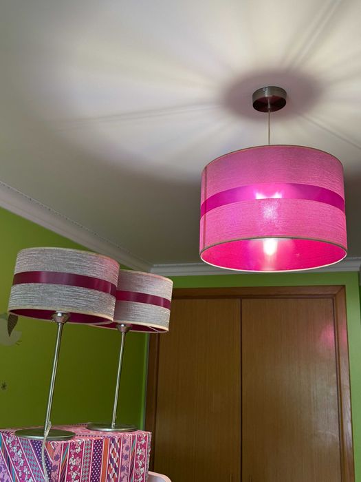 Conjunto de candeeiros de quarto rosa e prateado: 1 teto e 2 cabeceira