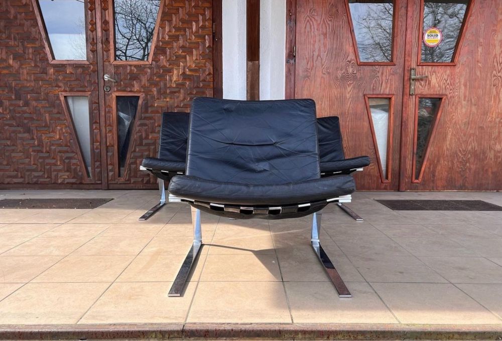 Mid century fotel skóra/chrom w stylu Olivier Mourgue. Lata 70-te