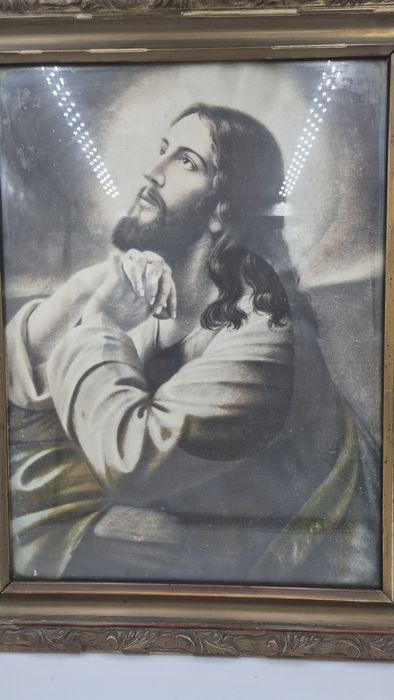Piękny stary duży oleodruk Jezus Chrystus z lat 60.