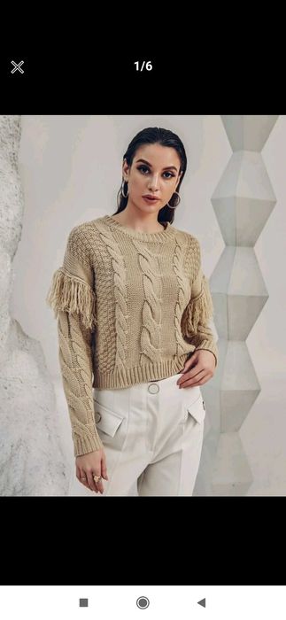Nowy sweter damski Boho z frędzlami beżowy oversize modny 36 s