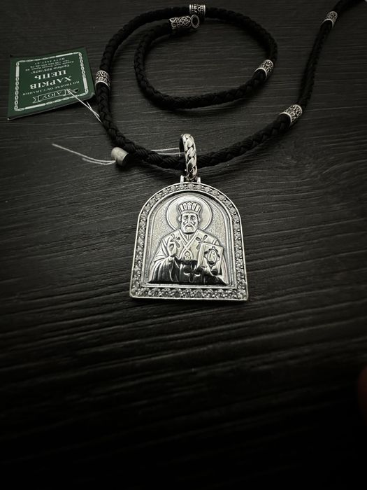 Серебряная ладанка Николай Угодник, Святой Николай и шелковый шнурок