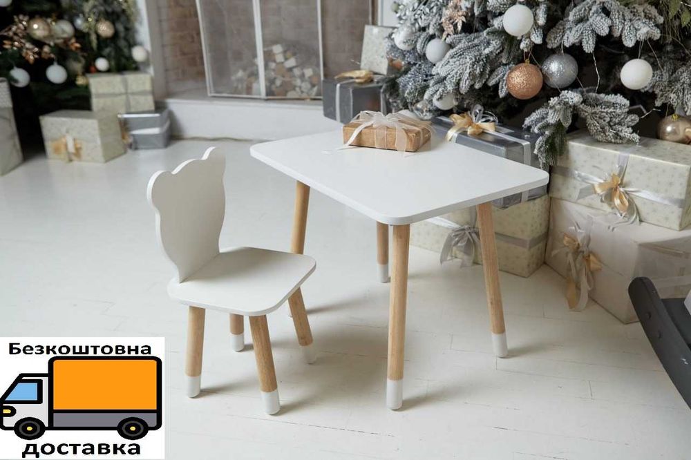 Столик дитячий прямокутний зі стільцем Ведмежа 46х60х45 см Білий