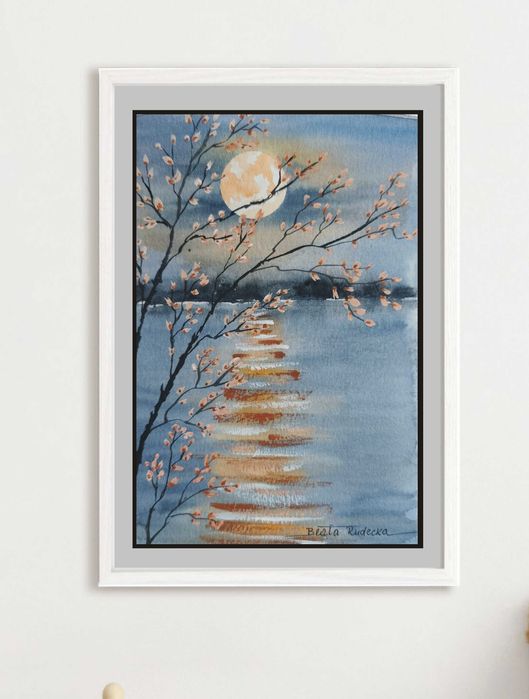 Oryginalna Akwarela „Księżycowa Ścieżka” | 14x21 cm | Styl Japoński
