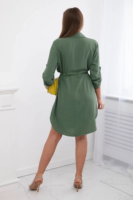 Sukienka damska khaki guziki wiązana w talii kołnierzyk S M L